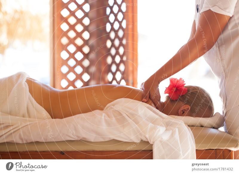 Woman getting professional back massage at beauty spa on resort. Health and body care Personal hygiene Body Skin Health care Medical treatment Wellness