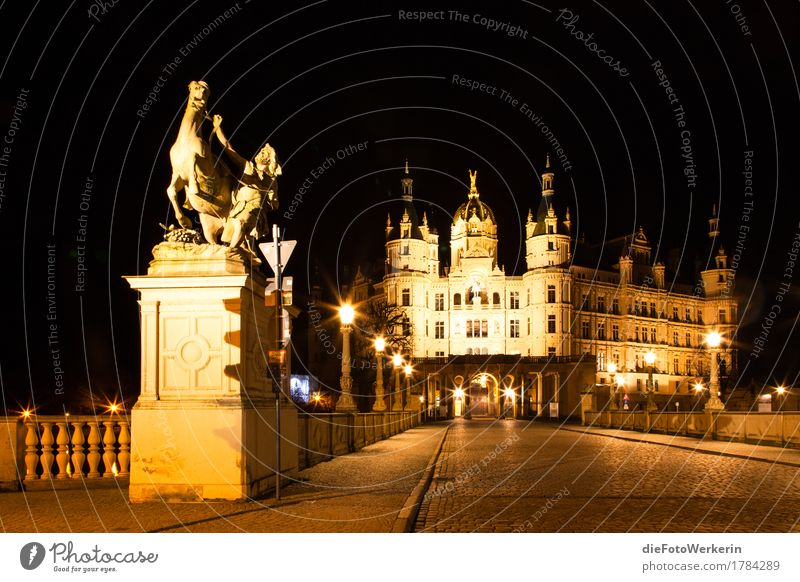 At night in Schwerin Sculpture Town Capital city Downtown Old town Deserted Castle Manmade structures Architecture State parliament Facade Tourist Attraction