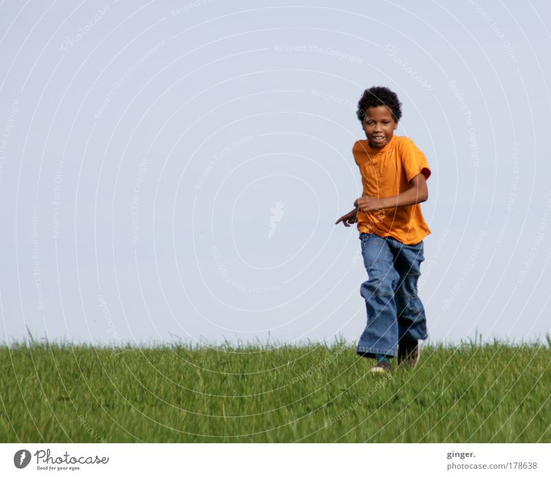 Conformity (boy sprinting across the meadow) Summer Human being Masculine Child Boy (child) Infancy Youth (Young adults) 1 8 - 13 years Nature Sky Cloudless sky