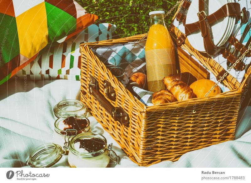 Picnic Basket With Fruits And Jam Cheesecake Food Orange Croissant Nutrition Eating Breakfast Lunch Organic produce Juice Crockery Plate Bottle Cutlery