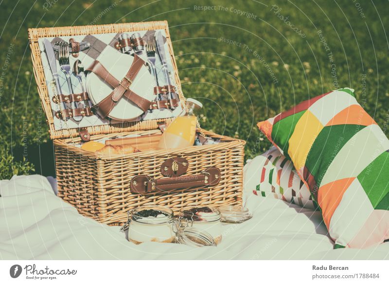 Picnic Basket Food On Summer Day Dairy Products Fruit Orange Jam Nutrition Eating Breakfast Lunch Juice Plate Cutlery Knives Fork Spoon Relaxation