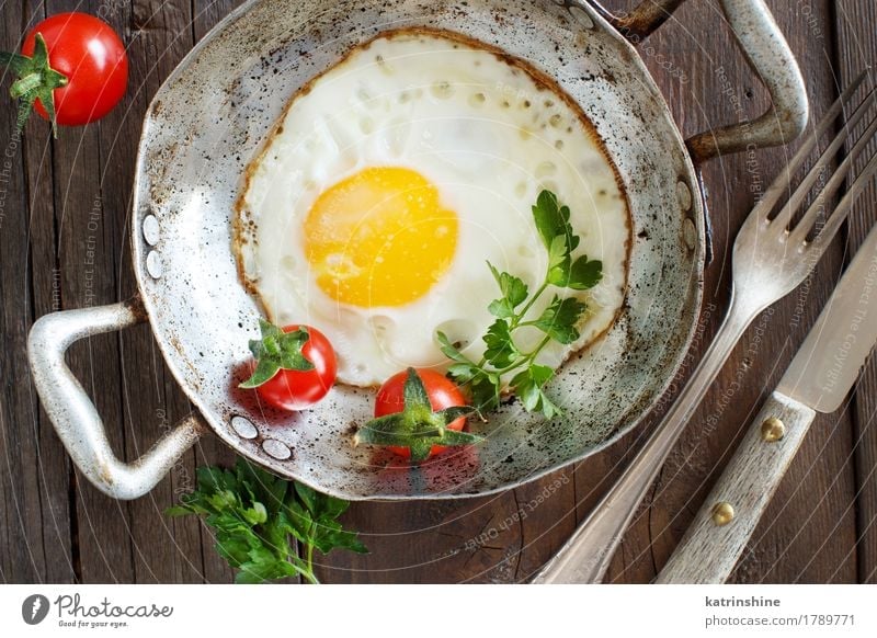 Fried egg with tomatoes and herbs Vegetable Herbs and spices Breakfast Dinner Pan Fresh Green Red White Cholesterol Eggshell Farm Frying fried egg Meal Protein