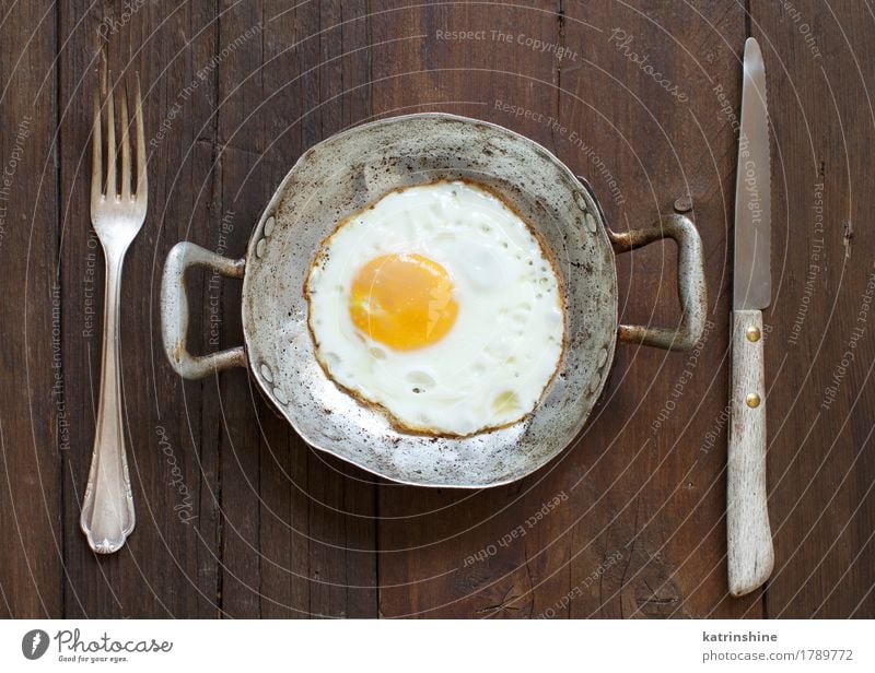 Fried egg in a old frying pan Eating Breakfast Pan Fresh White Cholesterol Eggshell Farm Frying fried egg Meal Protein Rustic Unhealthy Multicoloured Morning