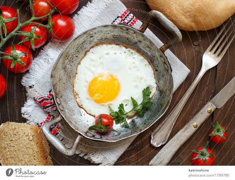 Fried egg with tomatoes, homemade bread and herbs Bread Eating Breakfast Dinner Pan Table Wood Fresh Bright Yellow Green Red Cholesterol Frying Meal Protein