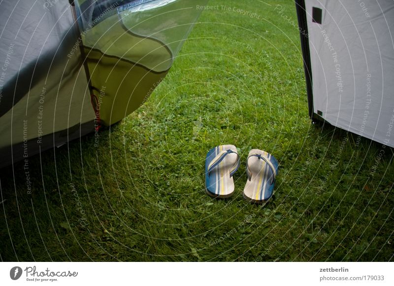 tent Vacation & Travel Travel photography Summer Tourism Camping Tent Morning Arise Footwear Walking Flip-flops adiletten Clothing flap Grass Lawn Grass surface