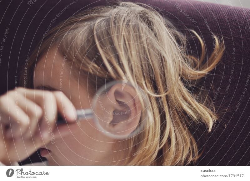 hear better | youth with a magnifying glass on your ear Head Human being Child girl Youth (Young adults) Young woman by hand Magnifying glass Ear Enlarged