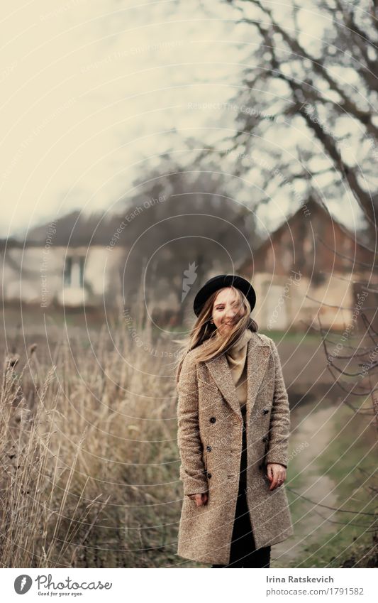 funny girl Young woman Youth (Young adults) Woman Adults Body 1 Human being 18 - 30 years Landscape Tree Grass Village Fashion Sweater Coat Hat Blonde Smiling
