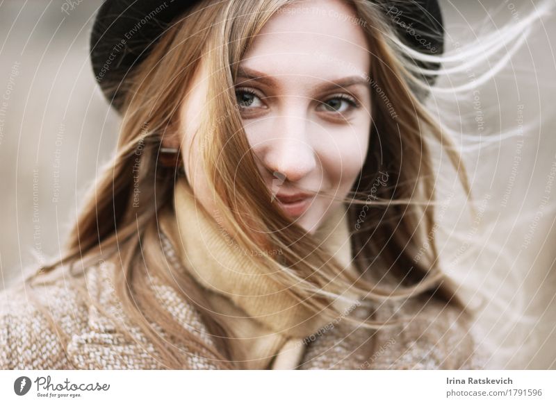 smiley girl in hat Young woman Youth (Young adults) Woman Adults Hair and hairstyles Face 1 Human being 18 - 30 years Wind Fashion Sweater Coat Hat Blonde