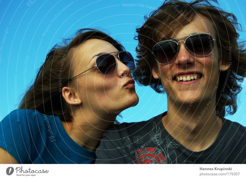 brotherly love Human being Masculine Feminine Young woman Youth (Young adults) Young man Brothers and sisters Head 2 Beautiful weather Sunglasses Part Touch