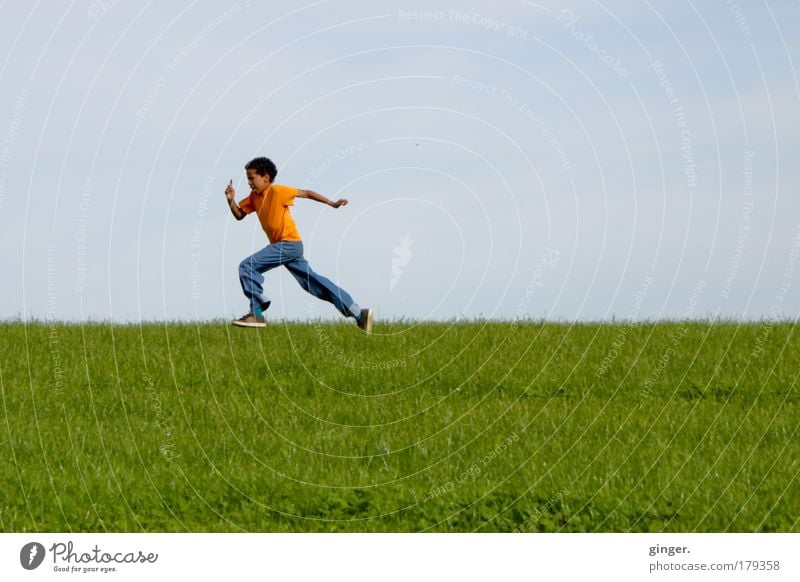 Final sprint (boy sprinting across the meadow) Leisure and hobbies Nature Landscape Sky Summer Beautiful weather Grass Meadow Jeans Sneakers Walking Running
