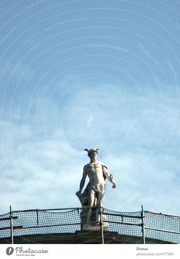 Hermes in departure Statue Roof Scaffold Man Classicism Naked Fence messenger of the gods Sky Handrail