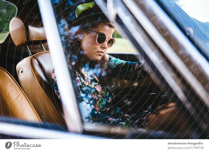 Retro Grirl. Lifestyle Style Feminine Woman Adults Motoring Car Vintage car Sports car Dress Sunglasses Brunette Driving Looking Sit Cool (slang) Success