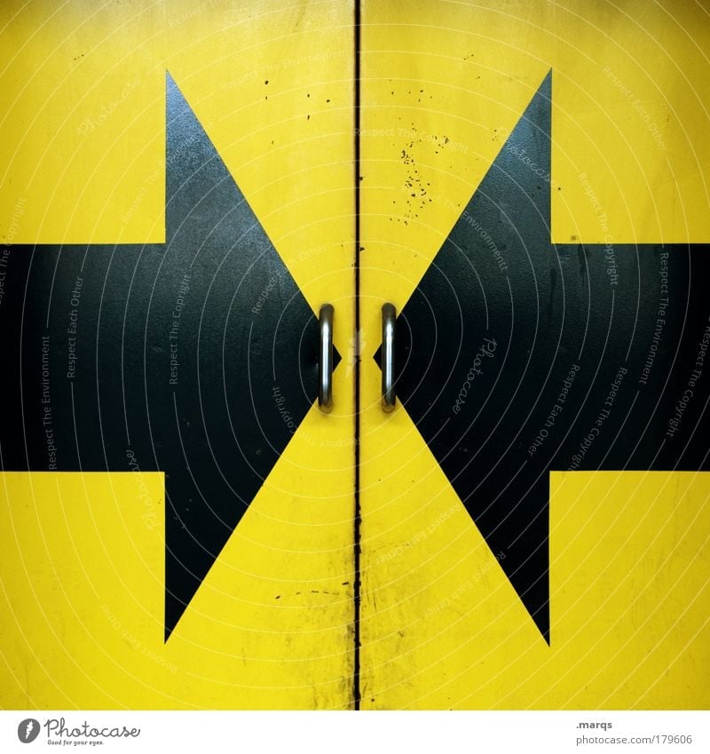 Open Here Colour photo Industry Logistics Door Metal Sign Arrow Yellow Black Center point Safety Symmetry Closed Central Mysterious Surprise Portal Entrance