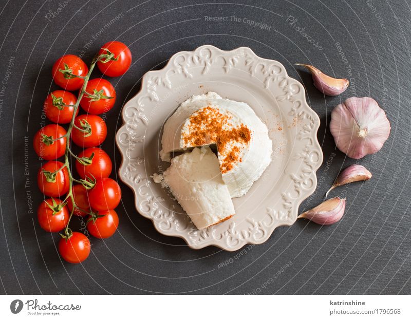 Italian ricotta cheese, garlic and cherry tomatoes Cheese Dairy Products Vegetable Nutrition Diet Italian Food Plate Dark Fresh Red White Cooking Creamy