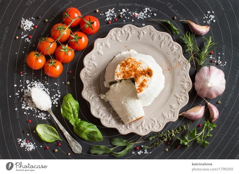 Italian ricotta cheese, vegetables and herbs Cheese Dairy Products Vegetable Herbs and spices Nutrition Diet Italian Food Plate Spoon Dark Fresh Soft Green Red