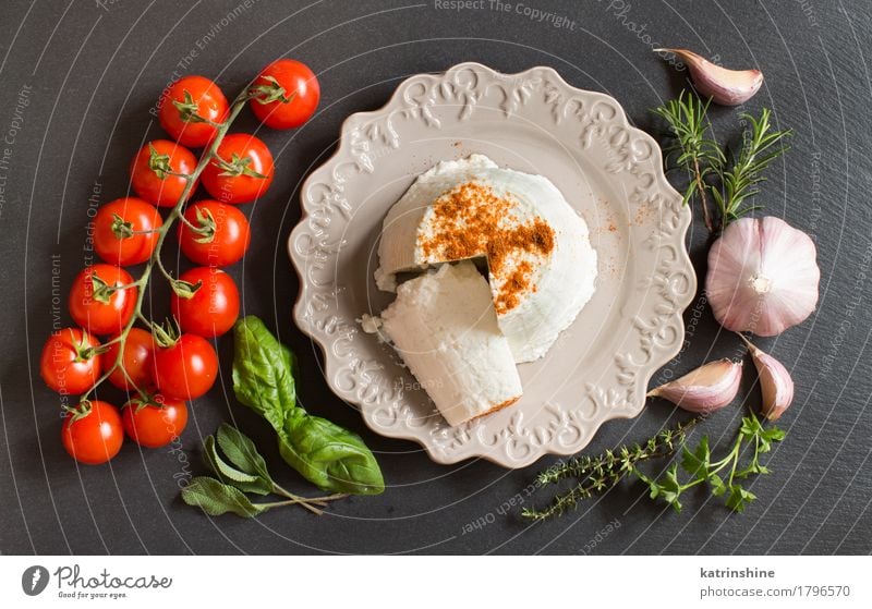 Italian ricotta cheese, vegetables and herbs Cheese Dairy Products Vegetable Herbs and spices Nutrition Diet Italian Food Plate Dark Fresh Soft Green Red White