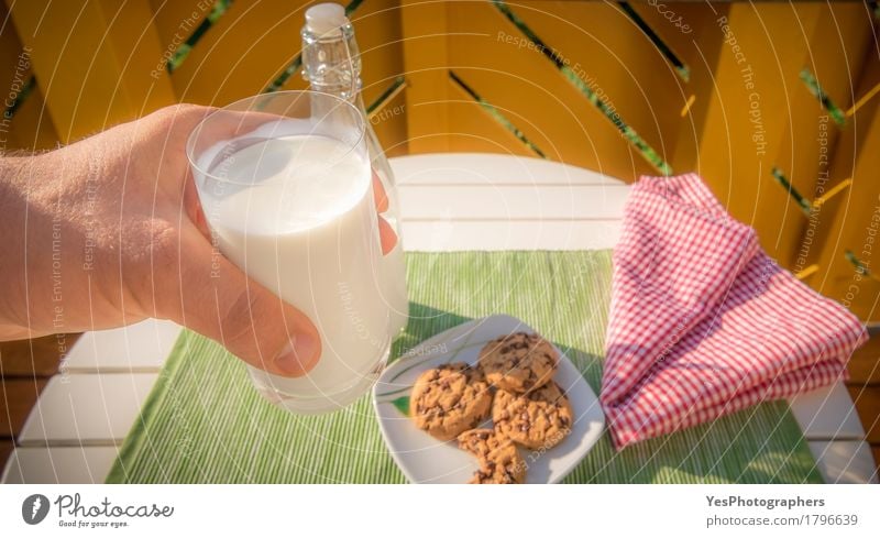 Milk and cookies for breakfast Dessert Candy Breakfast Picnic Glass Lifestyle Table Fresh White Tradition American background cheerful Cookie Dairy drink food