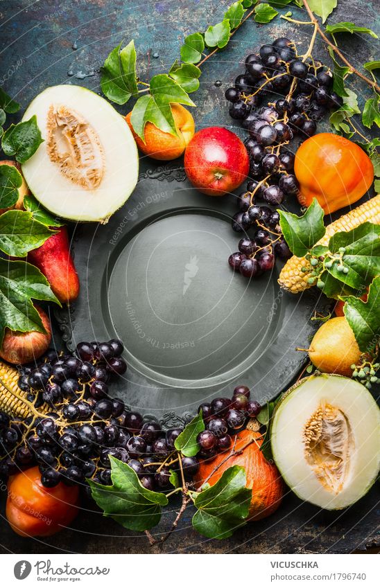 Fruit and vegetables around empty plate Food Vegetable Apple Nutrition Organic produce Vegetarian diet Plate Elegant Style Design Healthy Eating Life Nature