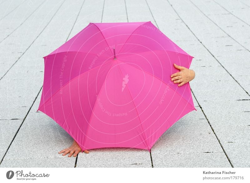 Surprise Surprise Hand 1 Human being Summer Stone Concrete Pink White Umbrella Sunshade Asphalt Comical Hide Weather Hiding place Art Protection Places Street