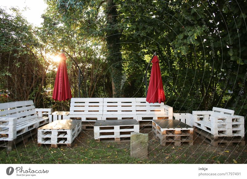Pallet group in backlighting Lifestyle Furniture Summer Autumn Beautiful weather Tree Bushes Garden Park Forest Deserted Terrace Sunshade seating group