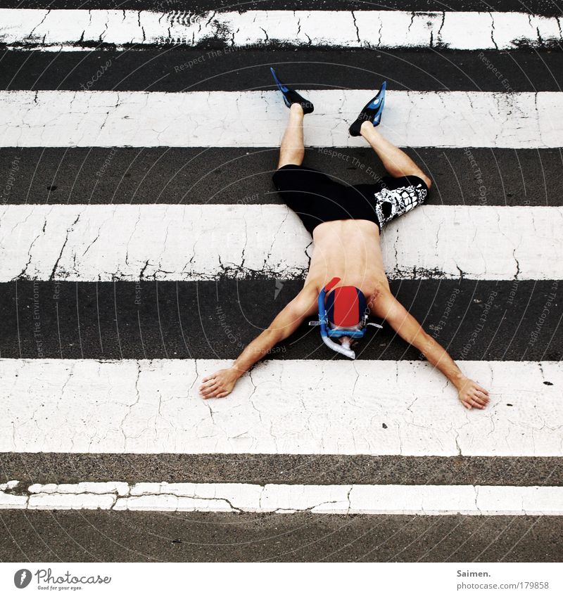 dry float Colour photo Subdued colour Exterior shot Day Full-length Masculine Man Adults 1 Human being Transport Traffic infrastructure Street Zebra crossing