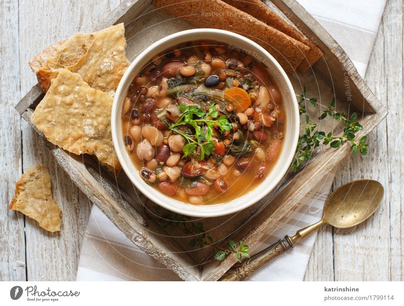 Cooked legumes and vegetables in a bowl Food Vegetable Bread Soup Stew Herbs and spices Nutrition Vegetarian diet Diet Bowl Spoon Healthy Delicious Brown Green