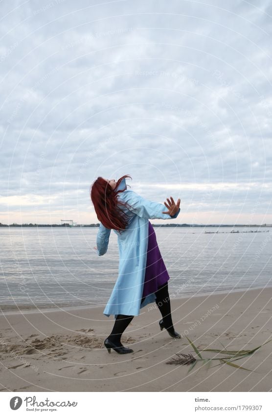 . Feminine 1 Human being Art Actor Dance Dancer Sky Coast Beach Dress Coat Red-haired Long-haired Movement Going Looking Hiking Funny Beautiful Self-confident