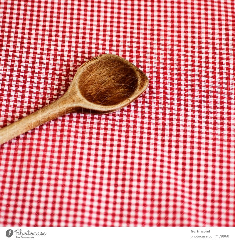 cookbook Wooden spoon Cloth Cloth pattern Red White Tradition Meal Conventional Colour photo Interior shot Pattern Copy Space right Copy Space bottom