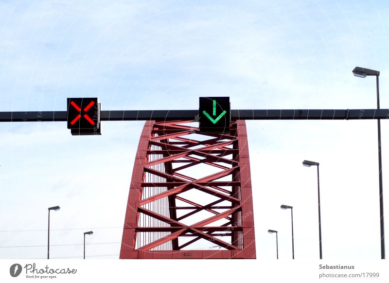 Bridge of Solidarity Road sign Lantern Duisburg Rhine River Arrow green cross red