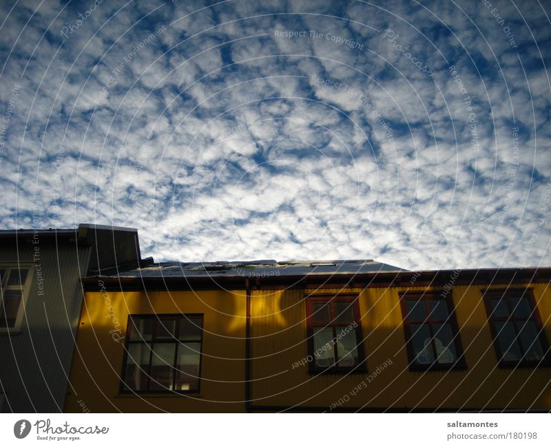 pretty Laugavegur Colour photo Exterior shot Evening Reflection Worm's-eye view Sky Clouds Sunlight Beautiful weather House (Residential Structure) Window Roof