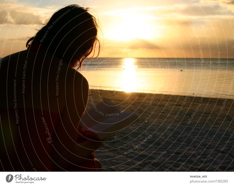 A day at the seaside comes to an end Colour photo Exterior shot Twilight Sunlight Sunbeam Sunrise Sunset Back-light Half-profile Forward Relaxation Calm