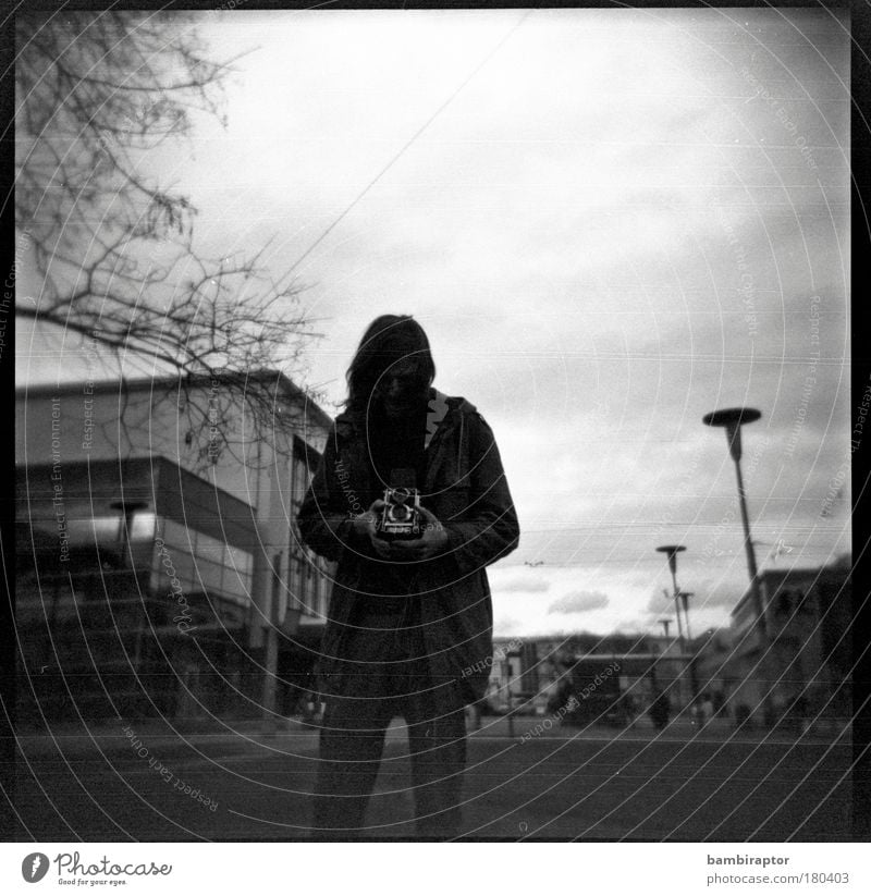 me Camera Young man Youth (Young adults) Train station Looking Moody Analog Take a photo Concentrate Experimental spring Black & white photo Exterior shot Holga