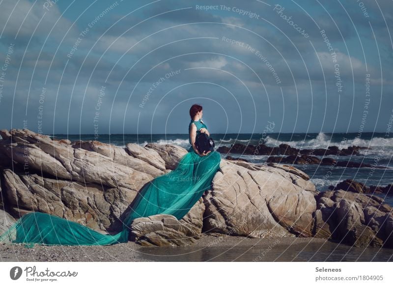 be the sea Adventure Far-off places Freedom Human being Feminine Woman Adults 1 Environment Nature Landscape Water Sky Clouds Horizon Rock Waves Coast Ocean