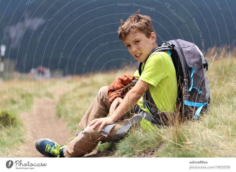hiking fun Leisure and hobbies Playing Vacation & Travel Trip Adventure Summer vacation Hiking Boy (child) Nature Meadow Alps Mountain Success Calm Relaxation