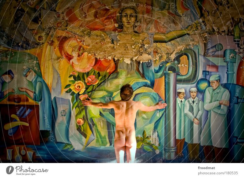 examination room Colour photo Multicoloured Interior shot Pattern Light Wide angle Upper body Rear view Forward Human being Masculine Young man