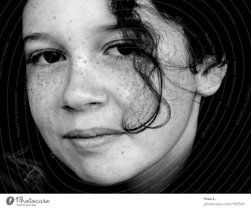 curl Black & white photo Interior shot Central perspective Looking Looking into the camera Human being Feminine Girl Head Face Smiling Authentic Friendliness