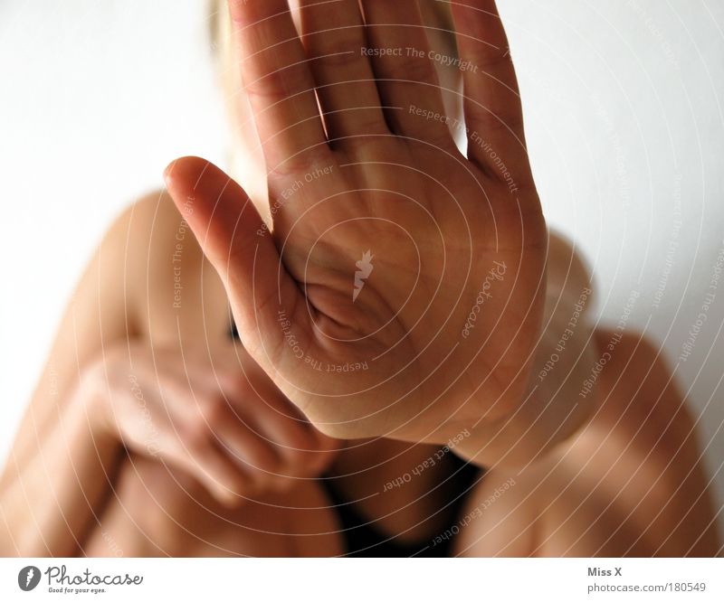 Stop!!! Interior shot Close-up Copy Space left Copy Space right Neutral Background Day Shallow depth of field Upper body Looking away Human being Skin Arm Hand