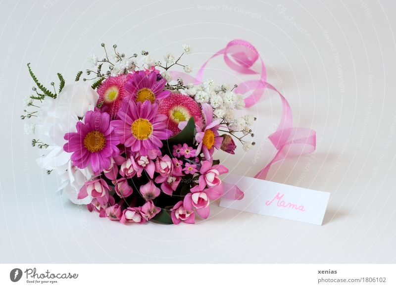 Bouquet of flowers in white and pink and shield with inscription Mama mama Mother Mother's Day Decoration Forget-me-not Daisy Baby's-breath Bourvadie Marguerite