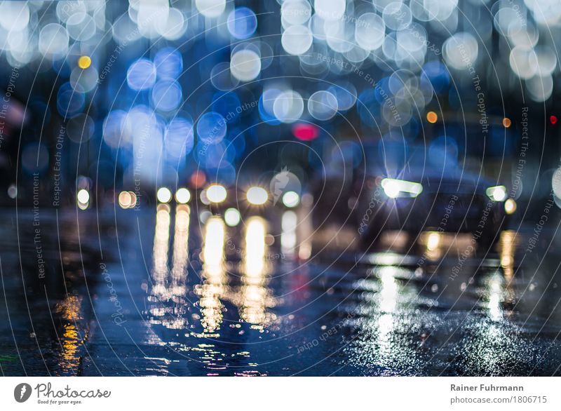 Car traffic at night and in the rain Transport Means of transport Traffic infrastructure Motoring Street Vehicle Driving Risk Stress "bad Weather Rain slippery