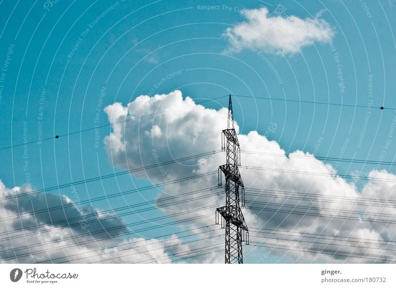 high-current clouds Cable Advancement Future Industry Sky Climate Blue Green Black White Electricity Clouds Electricity pylon Sky blue Technology Deserted