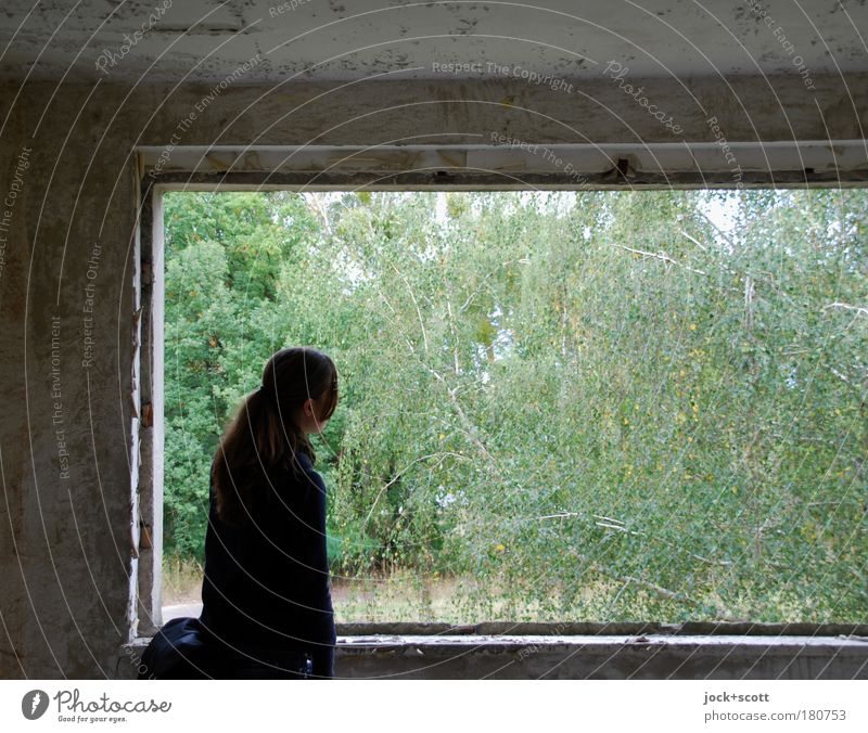 View into the greenery from a lost place Room Young woman 1 Nature Ruin Prefab construction Observe Stand Gray Green Emotions View from a window Inner strength