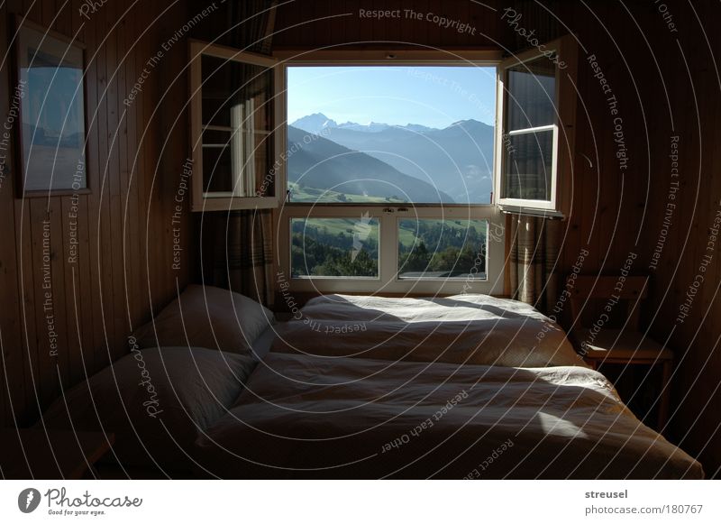Room with view to dream Landscape Cloudless sky Sunlight Summer Beautiful weather Alps Bernese Oberland Switzerland Deserted Hut Window Breathe Relaxation Sleep