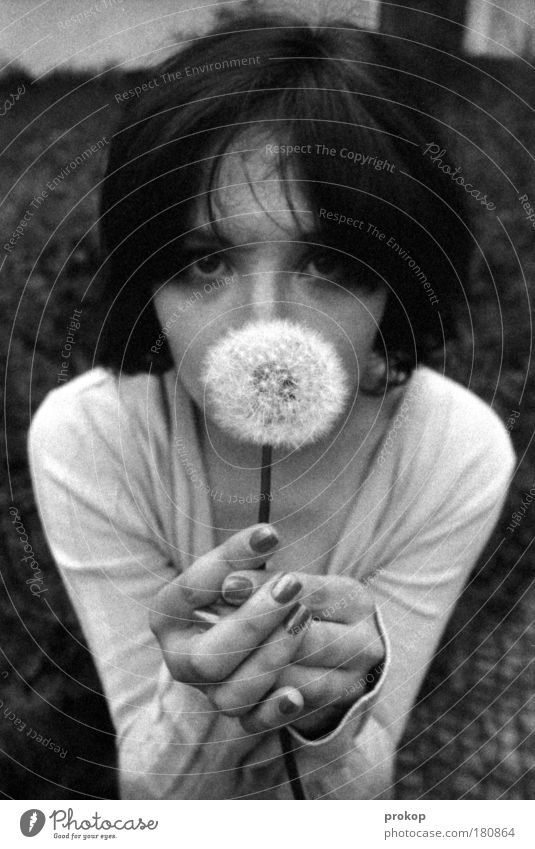 flower child Black & white photo Exterior shot Day Central perspective Portrait photograph Looking Looking into the camera Feminine Young woman