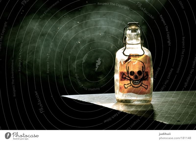 Poison or poison? Beverage Bottle Health care Intoxicant Alcoholic drinks Glass Sign Signage Warning sign Smoke Death's head Smoking Aggression Threat Dark