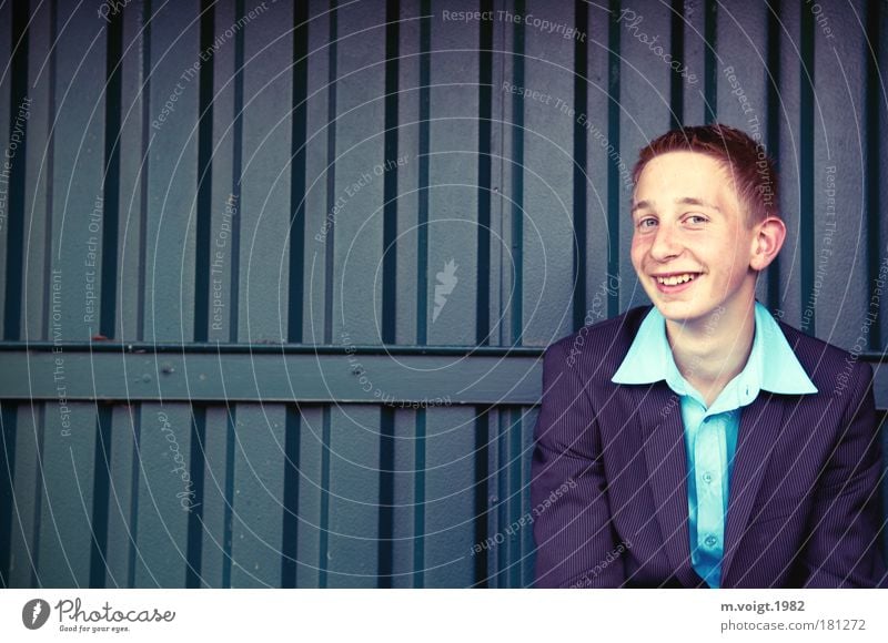 joy Colour photo Exterior shot Copy Space left Neutral Background Portrait photograph Upper body Looking into the camera Masculine Boy (child) 1 Human being
