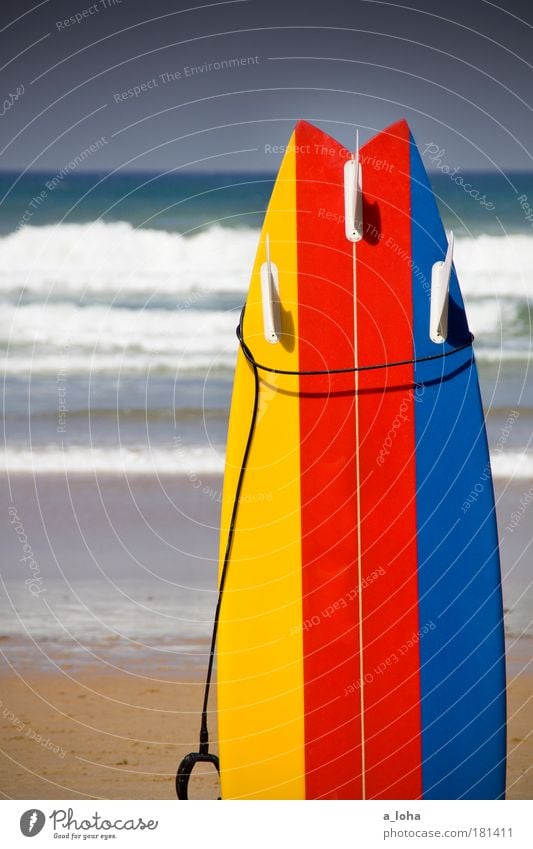 yellow-red-blue Summer Sports Surfboard Surfing Water Cloudless sky Waves Beach Ocean Sand Line Stripe Uniqueness Modern Clean Point Blue Yellow Red