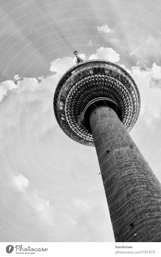 On air in 3, 2, 1 ... Black & white photo Exterior shot Deserted Day Contrast Worm's-eye view Sky Sunlight Berlin German Flag Europe Capital city Tower