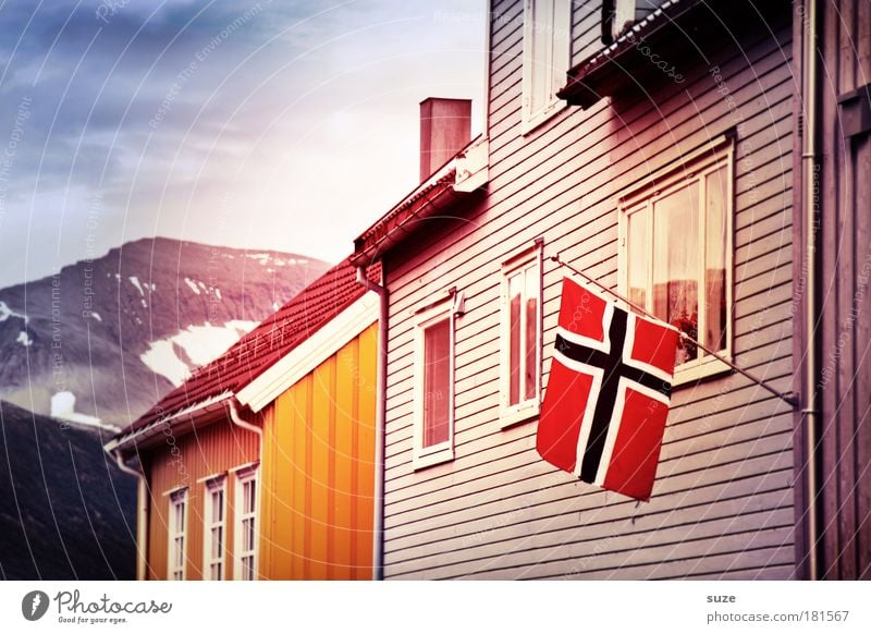 fly the flag Vacation & Travel Mountain Living or residing House (Residential Structure) Town Hut Facade Window Wood Flag Pride Norway