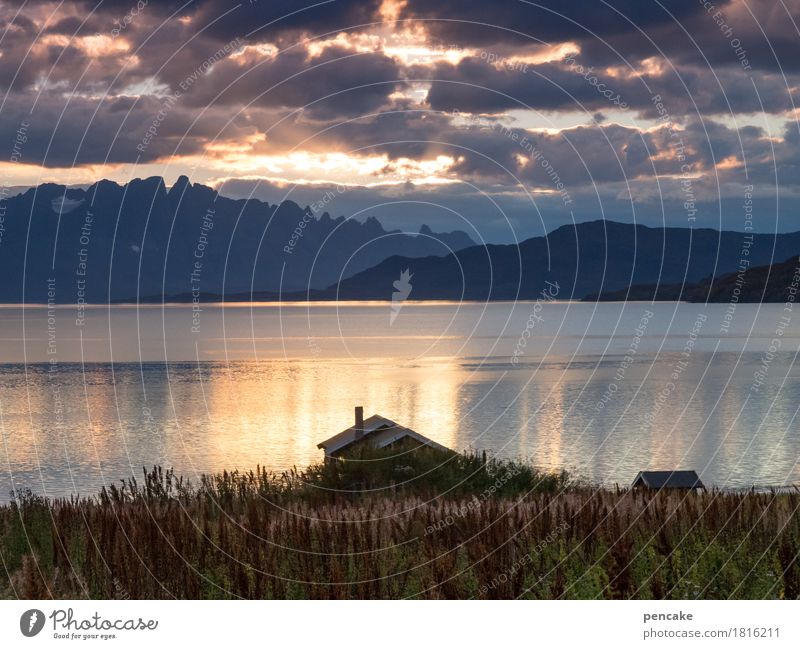 the sun goes to sleep now Landscape Water Sky Clouds Autumn Plant Coast Bay Fjord House (Residential Structure) Hut Emotions Joie de vivre (Vitality) Mountain