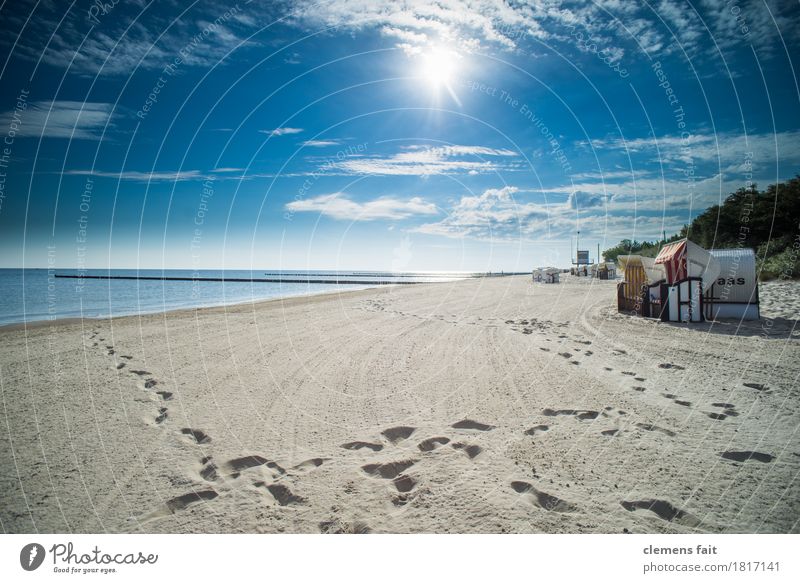 Good morning Usedom Island Baltic Sea Ocean Beach chair Calm Relaxation To enjoy Clouds Blue sky Footprint Tracks Tracking Sand Sandy beach Sun Bright